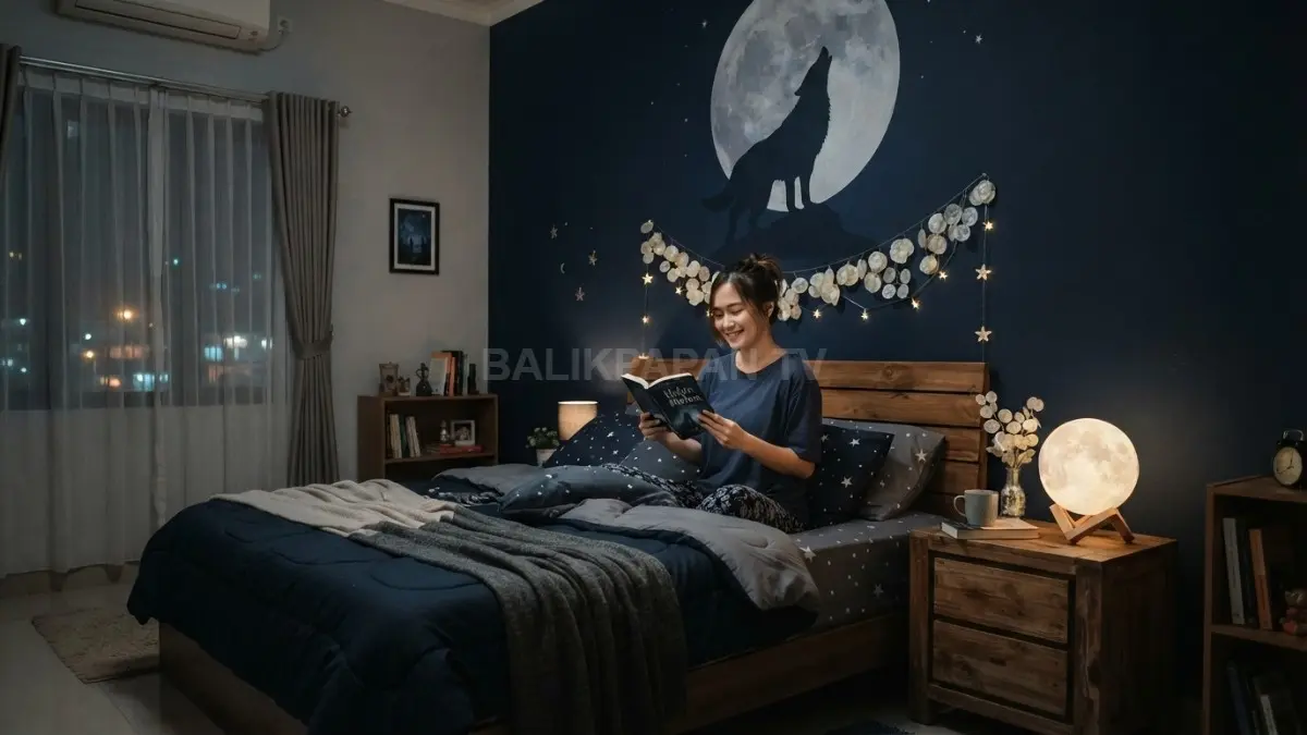 Kamar serigala bernuansa biru malam menghadirkan bunga bulan, siluet serigala, dan lampu bulan berputar. (BTV/AI)