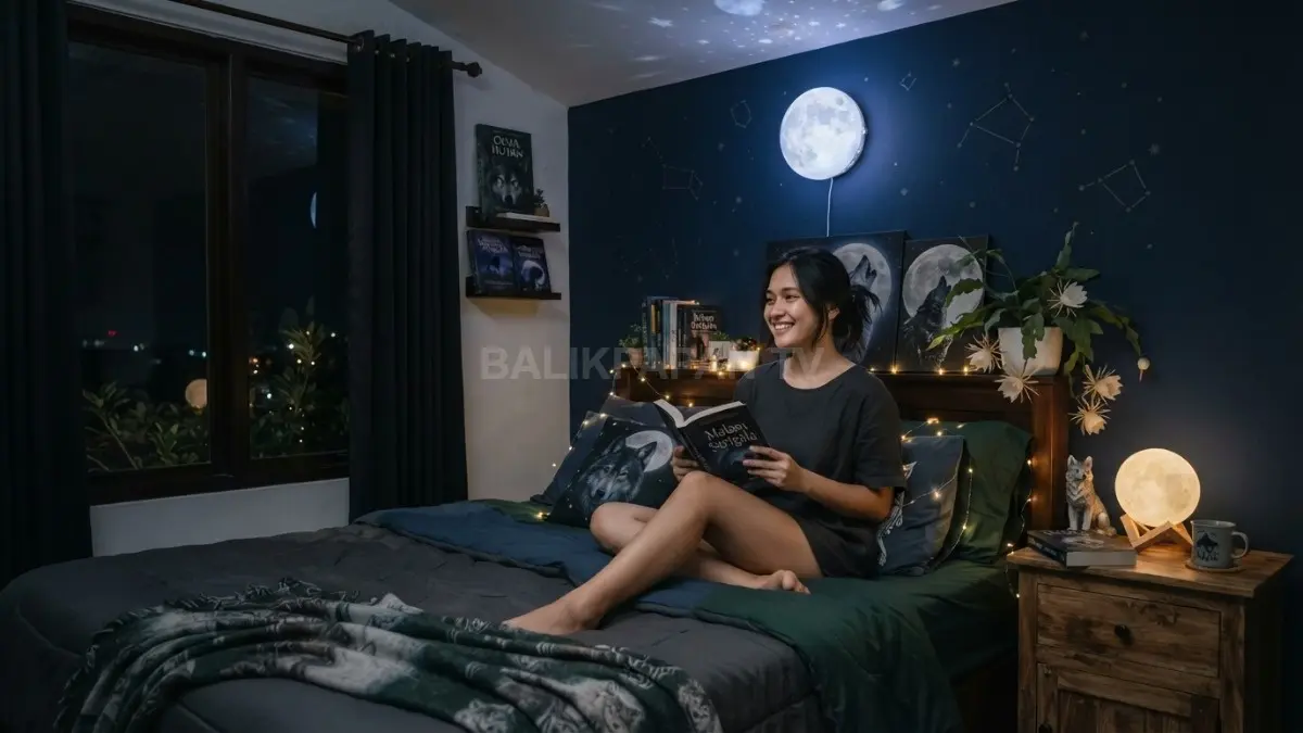 Kamar serigala bernuansa hutan malam memadukan dinding biru, bunga bulan, ornamen bintang, dan lampu berputar. (BTV/AI)