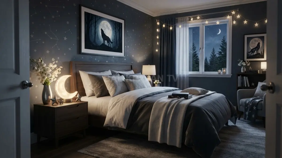 Kamar serigala elegan memadukan abu-abu, putih, aksen perak, bunga bulan, ornamen bintang, dan lampu bulan. (BTV/AI)