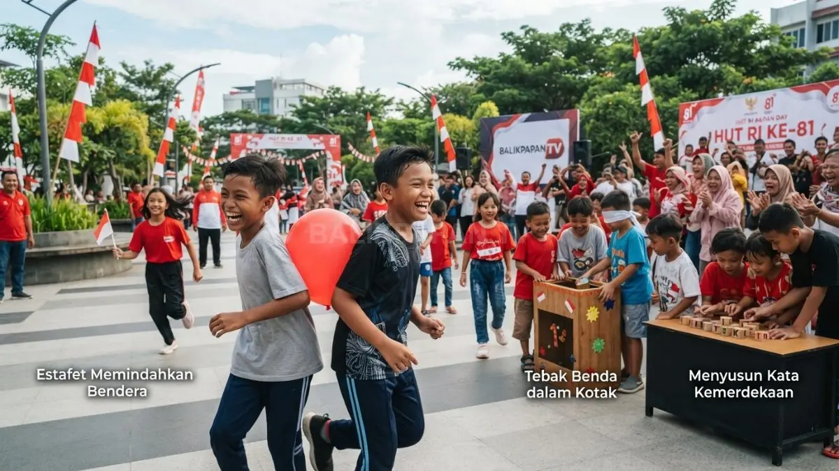 Lomba 17 Agustus menghadirkan estafet bendera, menyusun kata, tebak benda, balap balon, serta tantangan karet seru. (BTV/AI)