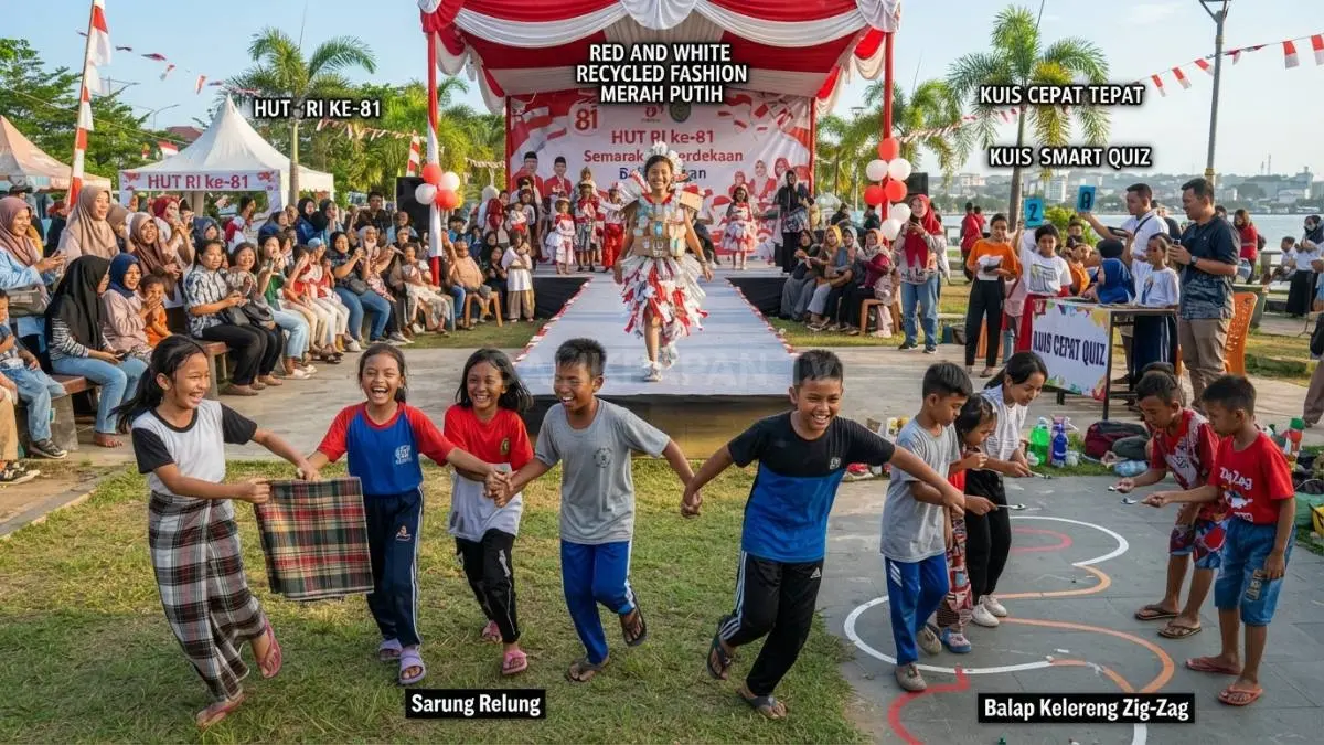 Lomba 17 Agustus menghadirkan estafet sarung, balap kelereng, tebak lagu, fashion daur ulang, dan kuis kemerdekaan. (BTV/AI)