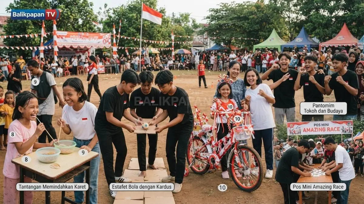 Lomba 17 Agustus menghadirkan tantangan kreatif, permainan tim, ketangkasan, dan hiburan seru untuk berbagai usia. (BTV/AI)