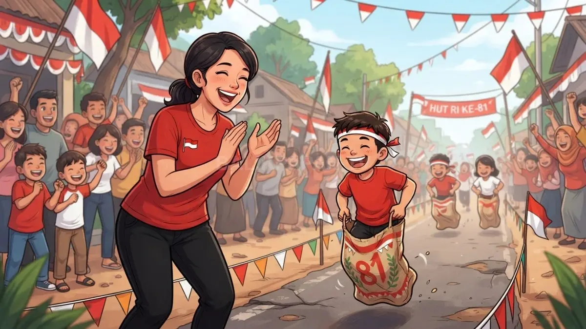 Deskripsi Gambar:
Seorang ibu tertawa bahagia menyaksikan anaknya berlomba, menghadirkan momen hangat penuh dukungan keluarga saat perlombaan berlangsung. (BTV/AI)