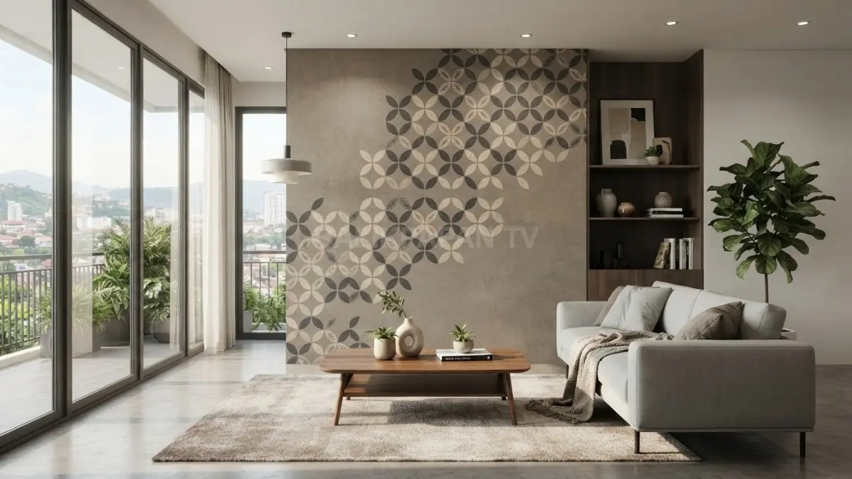 Motif batik Kawung pada dinding minimalis menghadirkan aksen geometris elegan dengan warna netral yang harmonis. (BTV/AI)