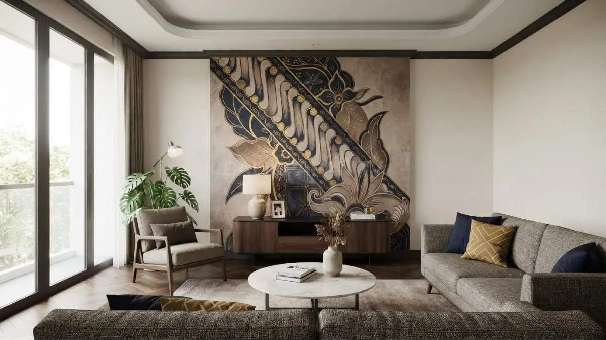 Mural batik pada dinding utama menghadirkan focal point dengan motif tradisional dan sentuhan warna modern elegan. (BTV/AI)