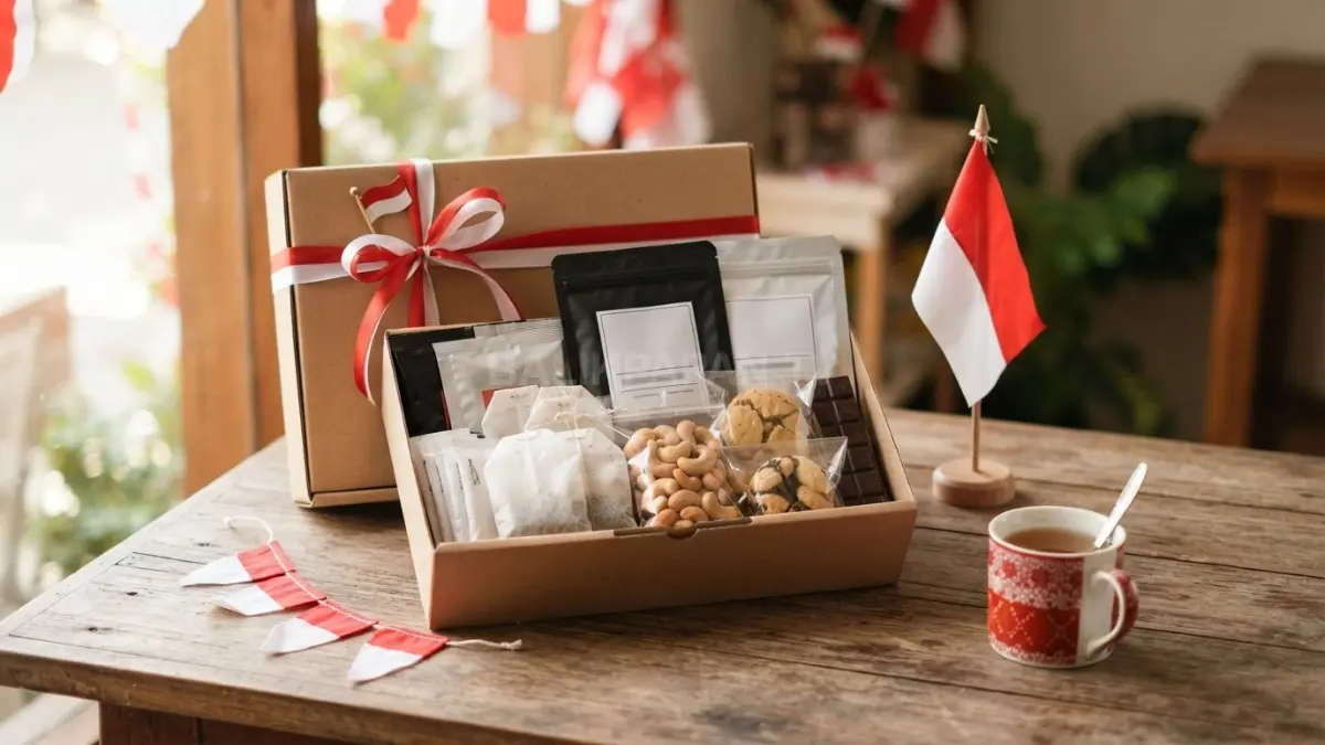 Paket hadiah kopi bernuansa merah putih tampil rapi dan elegan untuk perayaan Kemerdekaan Indonesia. (BTV/Ai)