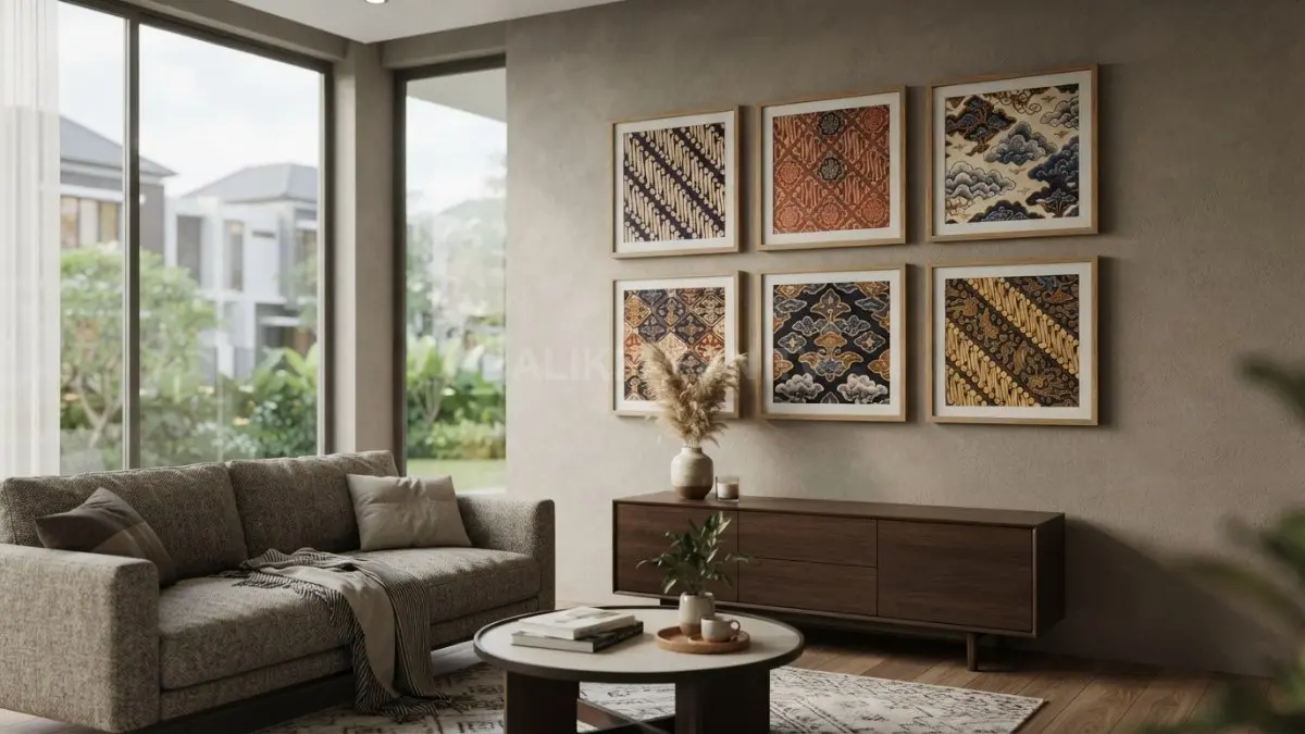 Panel dinding batik berbingkai kayu menghadirkan sentuhan tradisional elegan yang memperkuat karakter interior rumah modern. (BTV/AI)