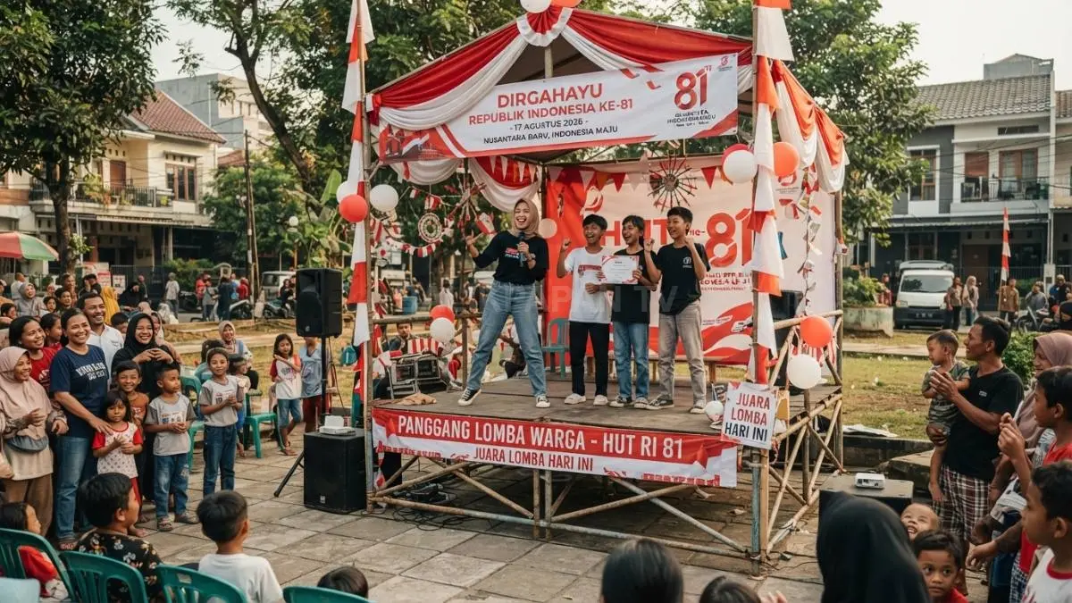 Panggung sederhana berhias merah putih membuat lomba, pengumuman pemenang, dan hiburan warga semakin meriah serta berkesan (BTV/AI)
