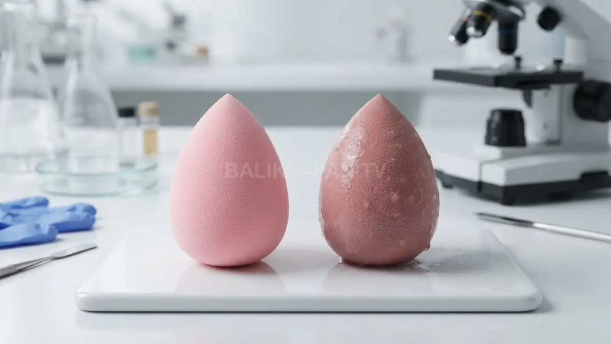 Perbedaan kondisi spons makeup kering dan lembap diuji secara ilmiah untuk menjaga kebersihan kecantikan. (BTV/Ai)