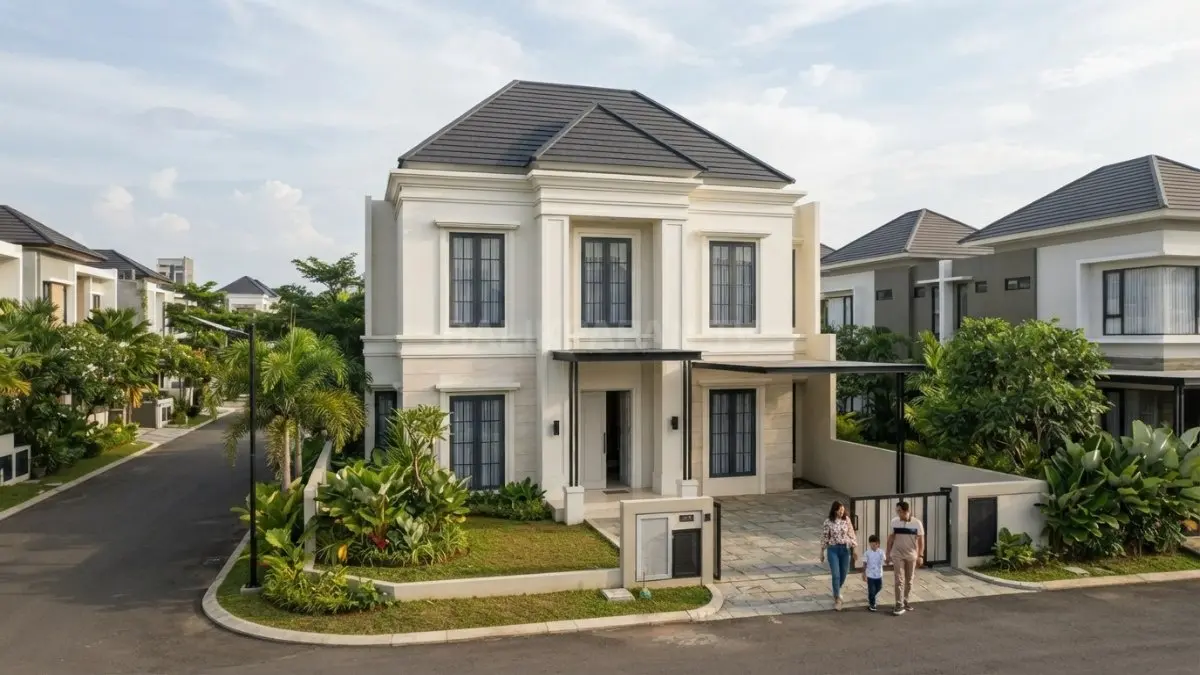 Rumah 7x10 bergaya French Modern memadukan atap elegan, fasad simetris, jendela tinggi, dan warna netral. (BTV/AI)