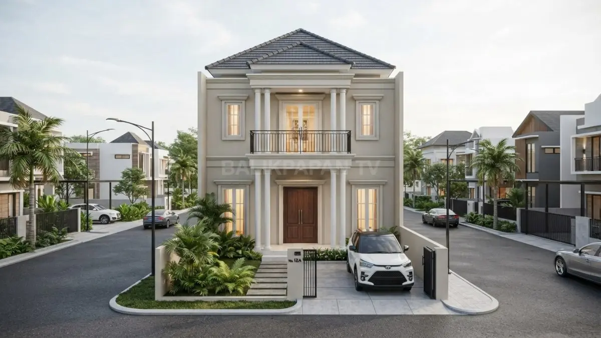 Rumah 7x10 dua lantai bergaya neoklasik modern memadukan fasad simetris, balkon, pilar, dan ornamen elegan. (BTV/AI)