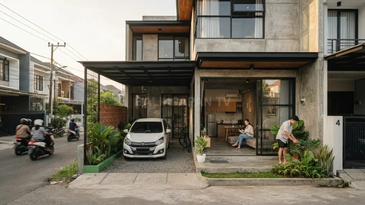 Rumah 7x10 industrial memadukan carport terintegrasi, rangka besi, dinding roster, taman linear, dan ruang terbuka. (BTV/AI)