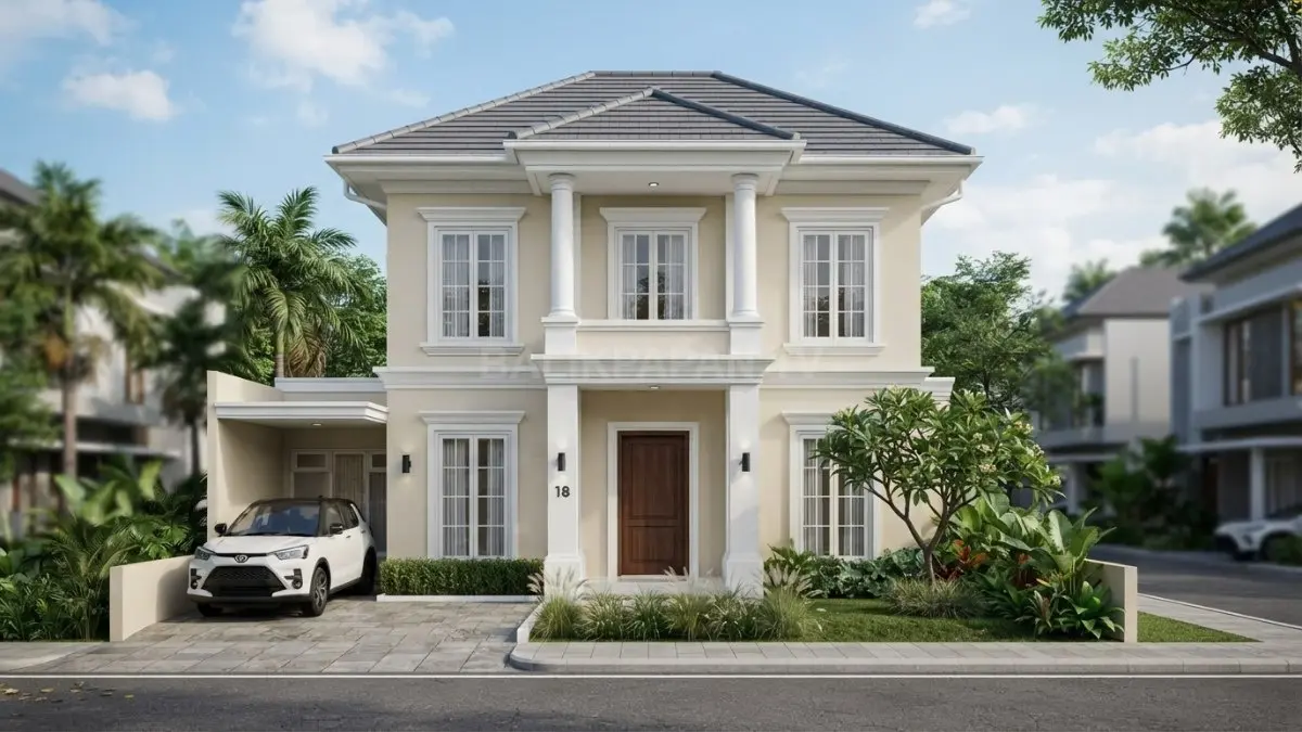 Rumah 7x10 meter bergaya modern klasik Eropa menampilkan fasad simetris, pilar putih, dan warna ivory elegan. (BTV/AI)