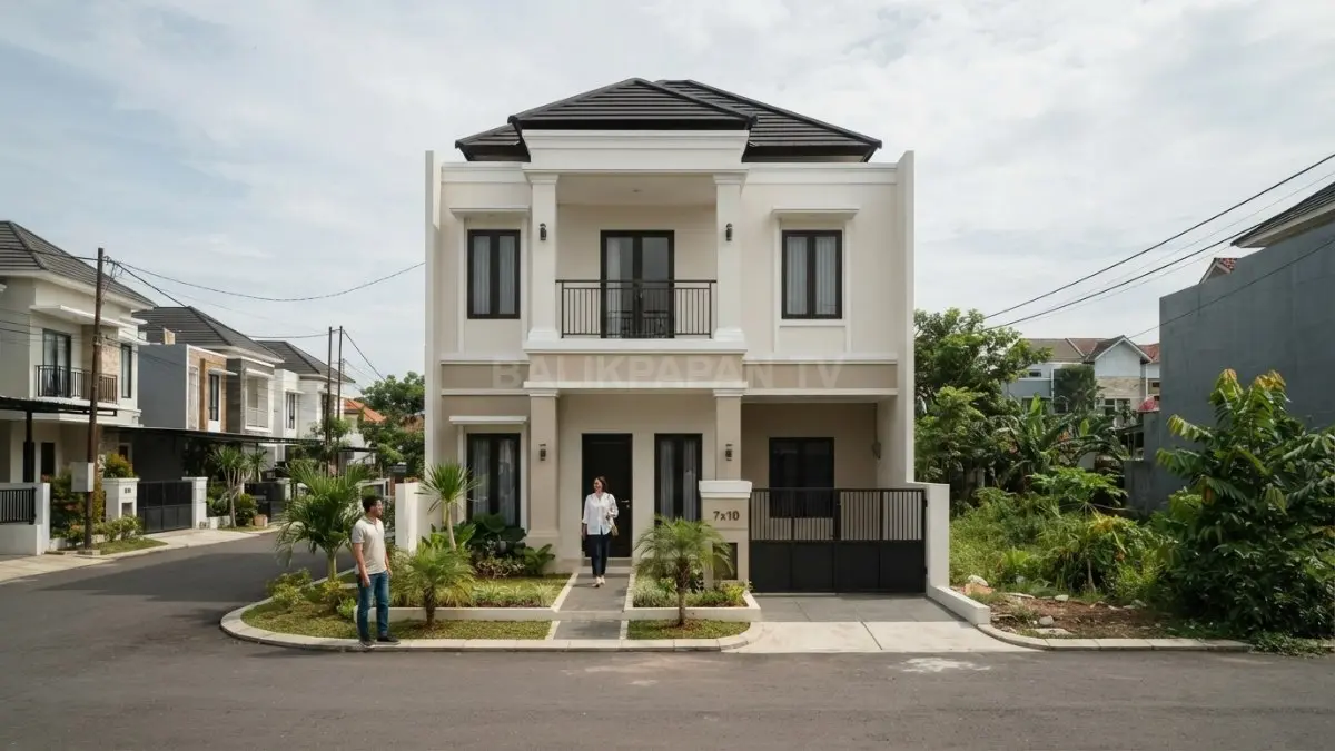 Rumah 7x10 modern klasik Eropa memadukan fasad simetris, pilar proporsional, warna netral, dan ruang fungsional. (BTV/AI)
