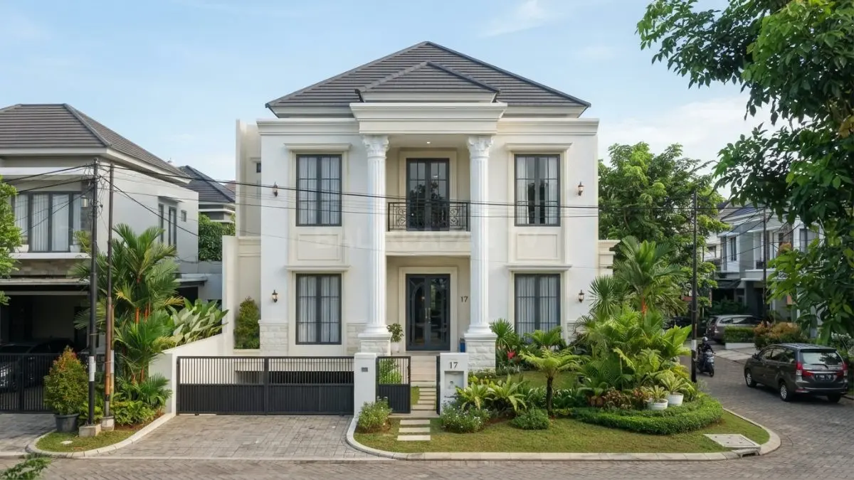 Rumah 7x10 modern klasik Eropa menampilkan fasad simetris, pilar putih, warna netral, dan proporsi elegan. (BTV/AI)