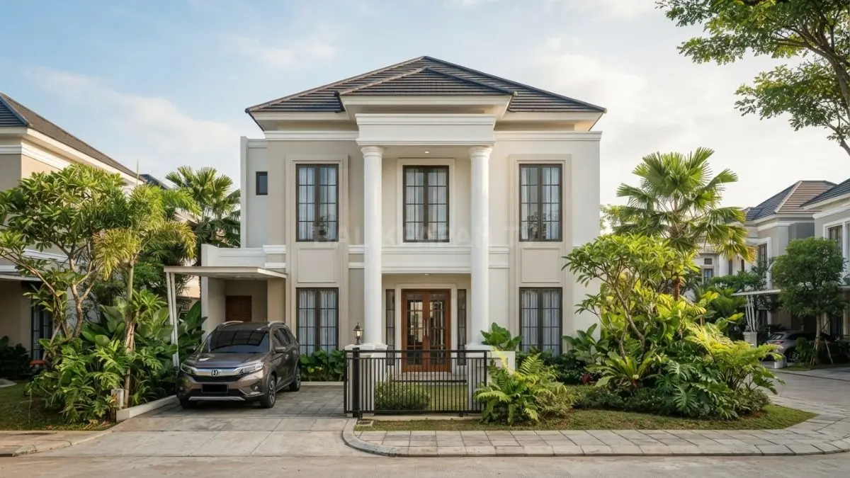 Rumah 7x10 modern klasik Eropa menggunakan jendela tinggi, profil dinding, warna netral, dan fasad proporsional. (BTV/AI)