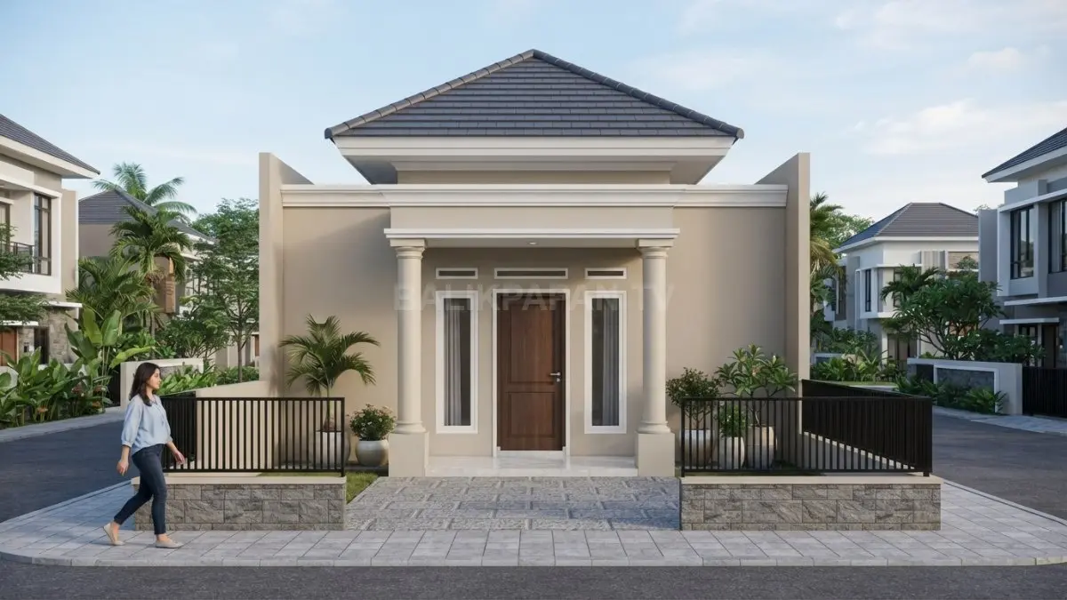Rumah 7x10 modern klasik Eropa menghadirkan portico kompak, pilar simetris, pintu kayu, dan teras elegan. (BTV/AI)