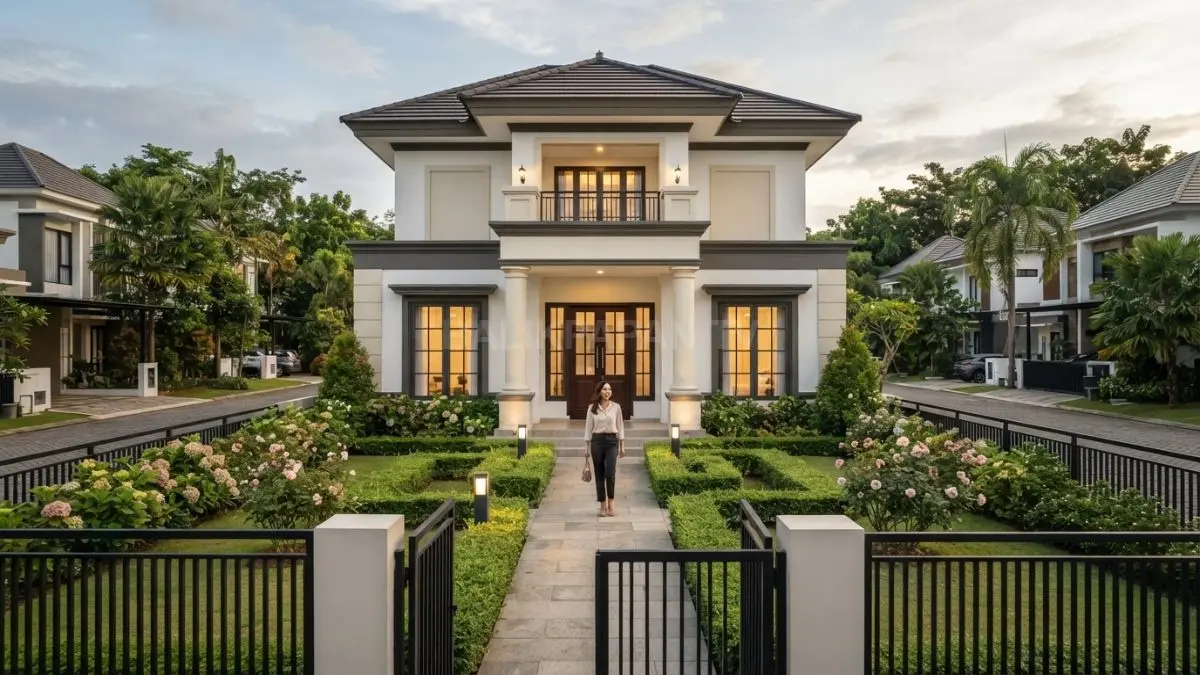 Rumah 7x10 modern klasik Eropa menghadirkan taman depan simetris dengan jalur lurus dan tanaman tertata rapi. (BTV/AI)