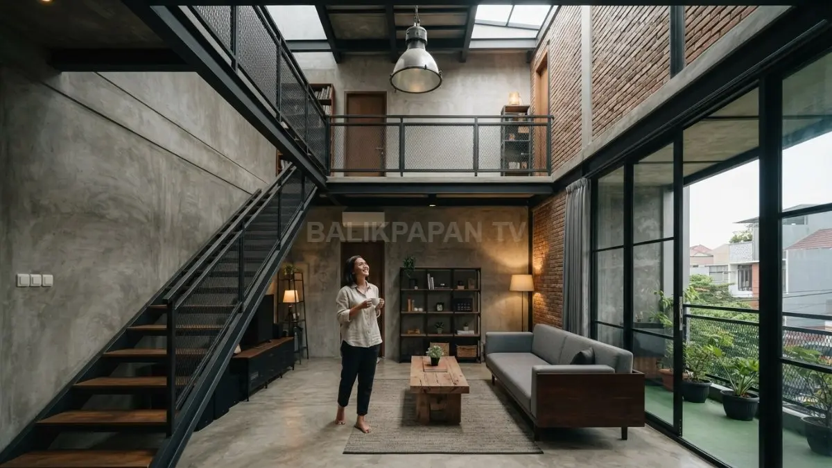 Rumah industrial 7x10 memanfaatkan void, plafon tinggi, beton ekspos, struktur baja, dan lampu gantung modern. (BTV/AI)