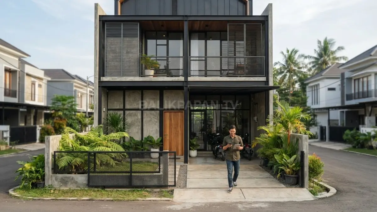 Rumah industrial 7x10 meter memadukan beton, besi, kayu, kaca, ventilasi, dan tata ruang efisien modern. (BTV/AI)