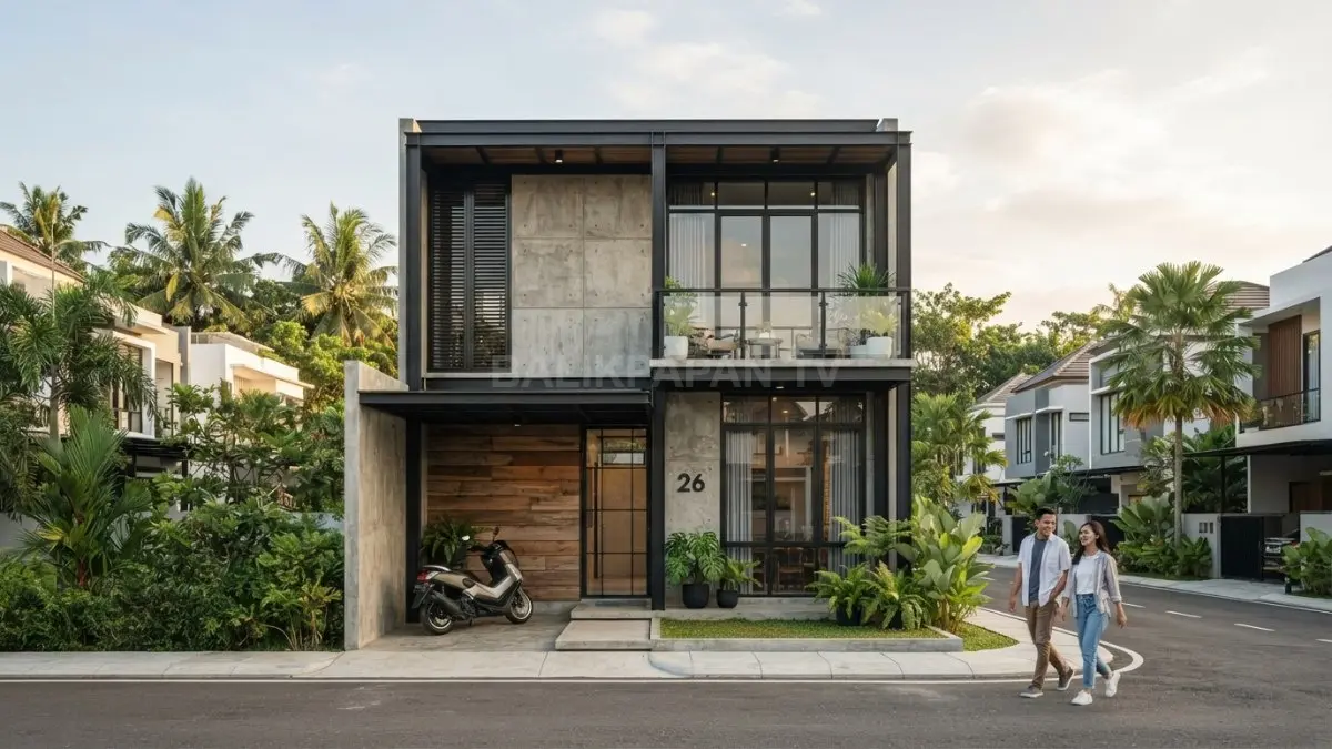 Rumah industrial 7x10 meter memadukan beton, besi, kayu, kaca, ventilasi, dan tata ruang efisien modern. (BTV/AI)