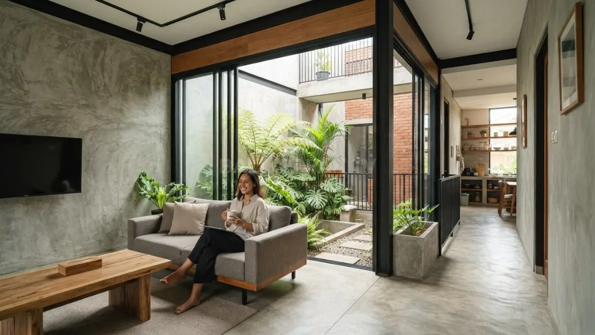 Rumah industrial 7x10 meter memanfaatkan inner court sebagai sumber cahaya, ventilasi, dan elemen hijau. (BTV/AI)