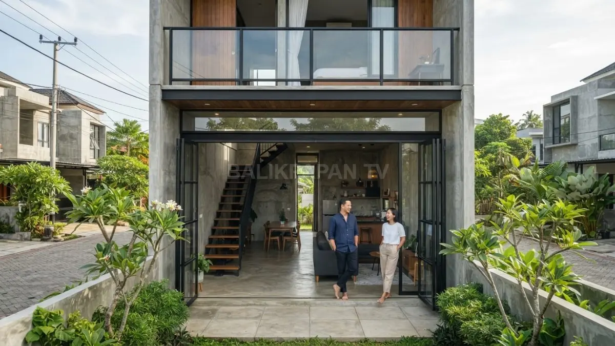 Rumah industrial dua lantai memanfaatkan lahan 7x10 meter dengan beton, besi, kayu, dan tata ruang vertikal efisien. (BTV/AI)