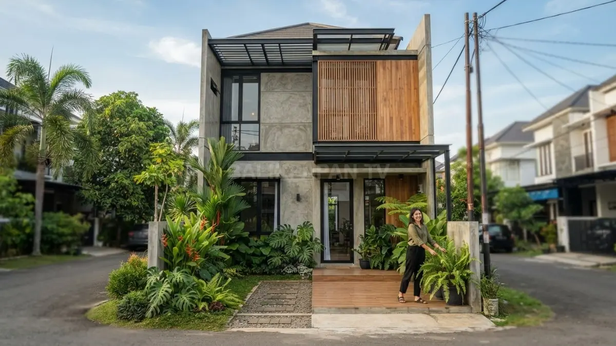Rumah industrial tropis 7x10 memadukan beton ekspos, kayu natural, taman hijau, serta ventilasi alami. (BTV/AI)