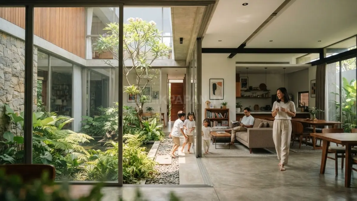 Rumah kontemporer dengan courtyard menghadirkan taman tengah, kaca lebar, cahaya alami, serta privasi nyaman. (BTV/AI)