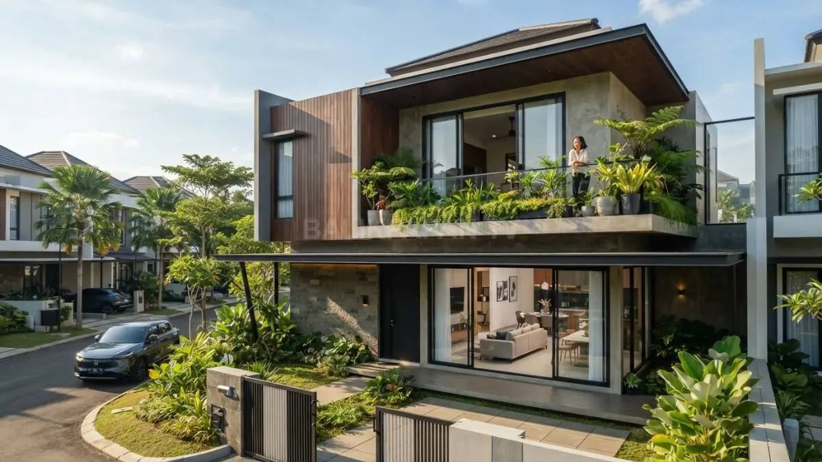 Rumah kontemporer dua lantai menghadirkan balkon hijau, kaca lebar, material natural, dan fasad geometris yang elegan. (BTV/AI)