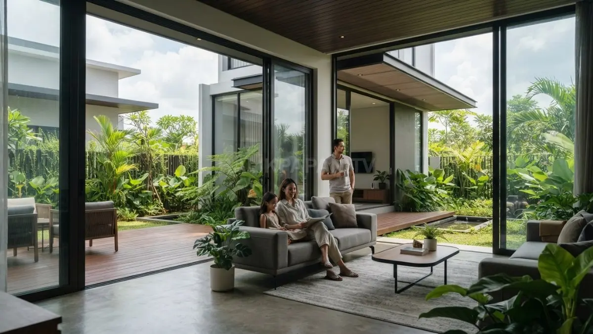 Rumah kontemporer memadukan kaca lebar, ruang terbuka, taman hijau, serta pencahayaan alami untuk suasana nyaman. (BTV/AI)