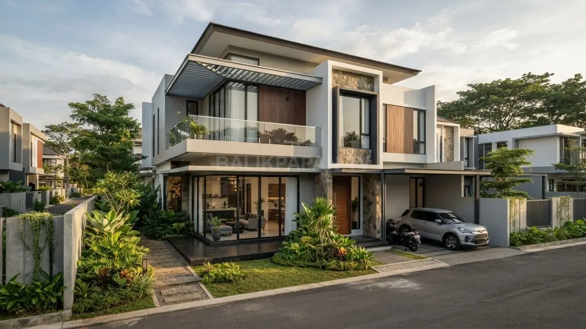 Rumah kontemporer menampilkan fasad geometris, garis tegas, kaca lebar, material natural, dan pencahayaan alami. (BTV/AI)