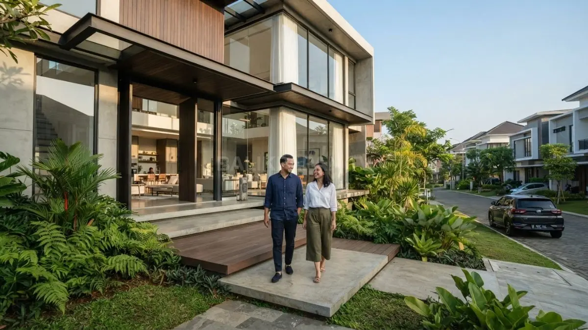 Rumah kontemporer menampilkan fasad geometris, garis tegas, kaca lebar, material natural, serta pencahayaan alami. (BTV/AI)
