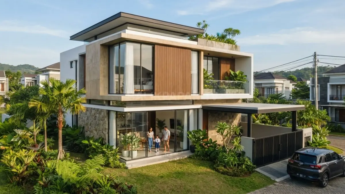 Rumah kontemporer minimalis dengan atap datar memadukan garis tegas, kaca lebar, kayu, dan batu alam. (BTV/AI)
