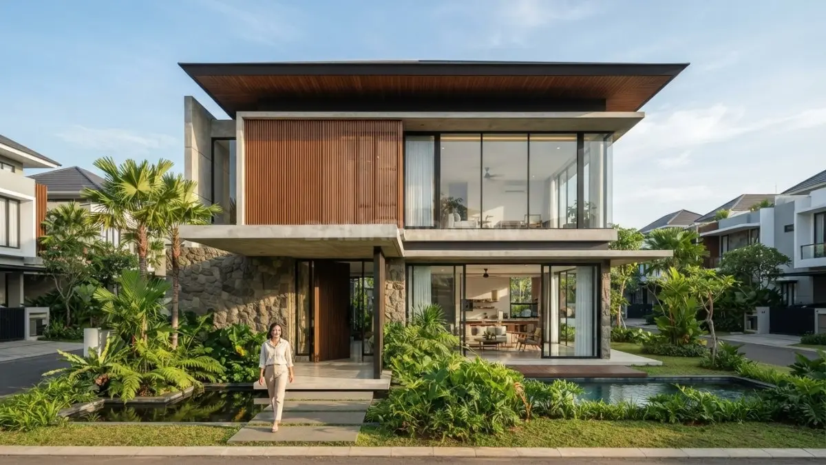 Rumah kontemporer tropis memadukan kayu, batu alam, beton, tanaman hijau, serta desain modern yang nyaman. (BTV/AI)
