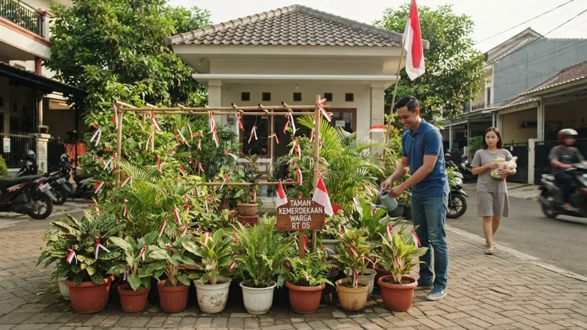 Taman mini merah putih menghadirkan dekorasi natural, fungsional, dan tetap bermanfaat setelah perayaan selesai (BTV/AI)
