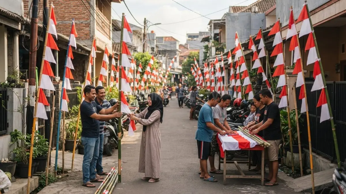 Umbul-umbul merah putih mempercantik gang, dibuat gotong royong warga agar suasana kemerdekaan semakin meriah (BTV/AI)
