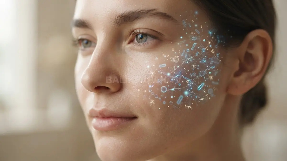 Visualisasi mikrobioma kulit sehat menggambarkan keseimbangan ekosistem alami untuk menjaga kesehatan wajah alami. (BTV/Ai)