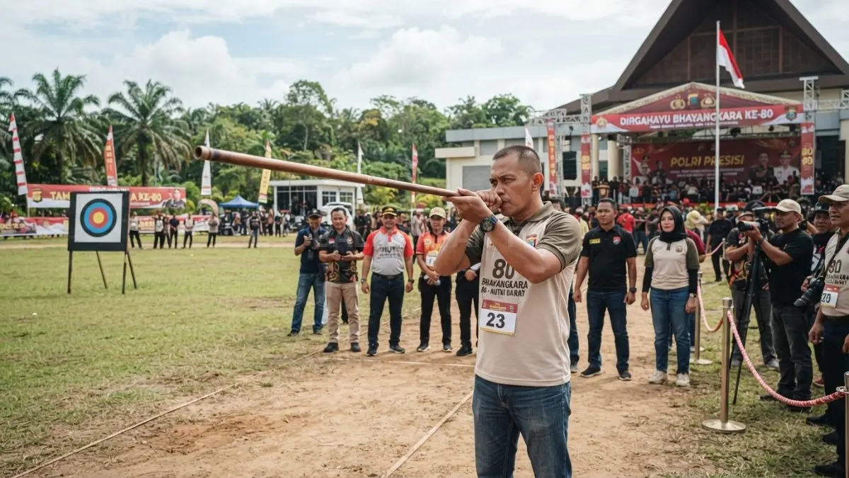 Peserta antusias mengikuti lomba menyumpit di Taman Budaya Sendawar, Kutai Barat, memeriahkan HUT Bhayangkara ke-80 (BTV/AI)
