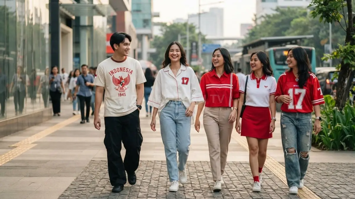 Busana kemerdekaan modern memadukan warna merah putih, potongan kekinian, grafis Garuda, dan kenyamanan untuk berbagai aktivitas [BTV:AI]