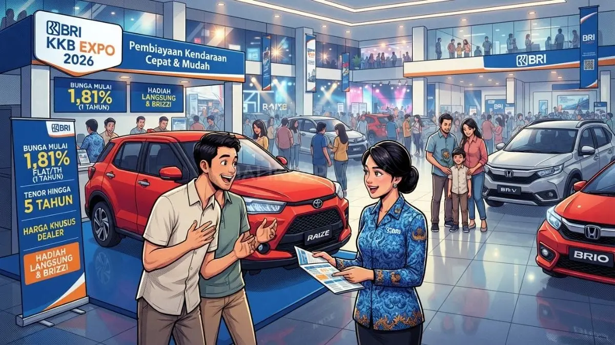 Ilustrasi komik BRI KKB Expo 2026 menawarkan kredit kendaraan dengan bunga ringan dan promo menarik [BTV:AI]