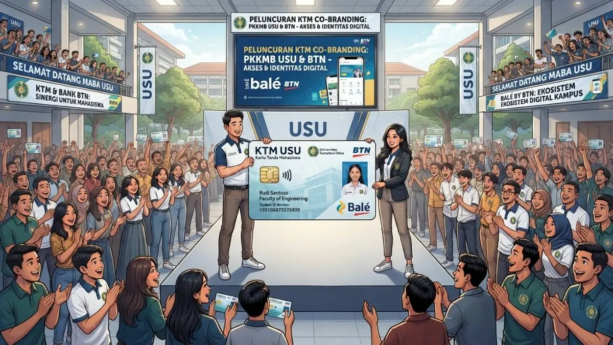 Peluncuran KTM Co-Branding BTN-USU memperkuat transaksi digital mahasiswa melalui integrasi identitas dan layanan perbankan kampus. [BTV:AI]
