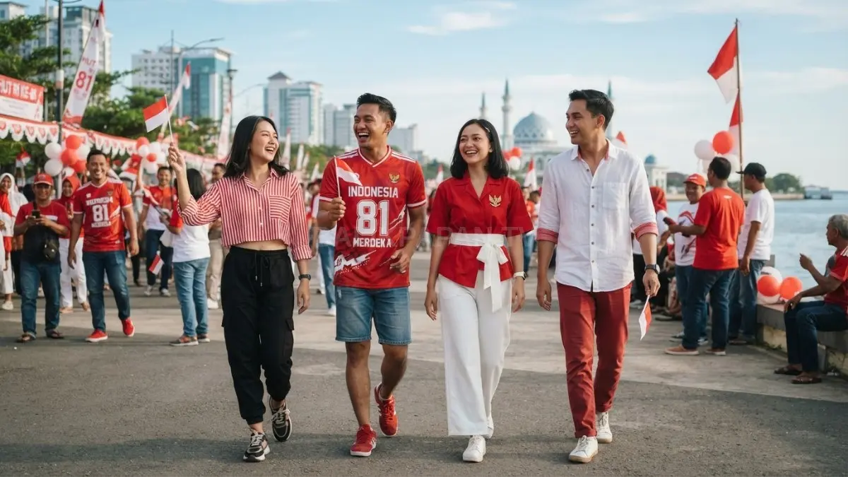 Warga mengenakan busana merah putih modern dalam semarak perayaan kemerdekaan Indonesia bersama keluarga dan masyarakat [BTV:AI]