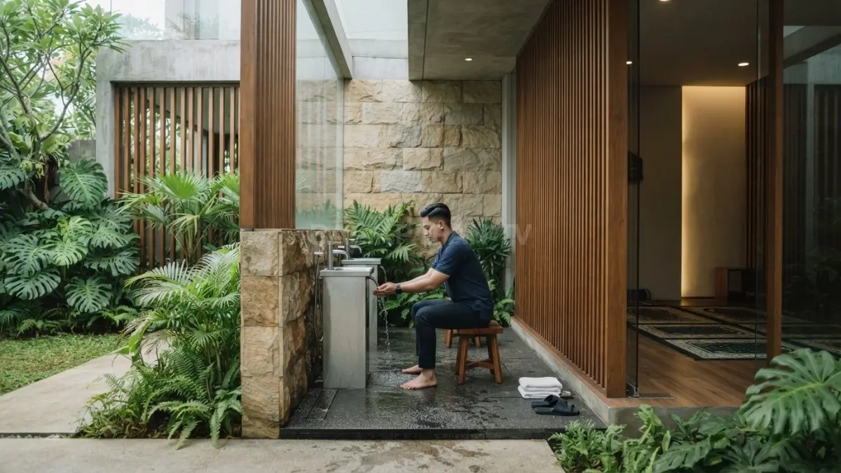 Area wudhu bernuansa alami dengan dinding batu alam, taman kecil, dan ruang sholat yang dipisahkan oleh sekat kayu minimalis.(BTV/AI)