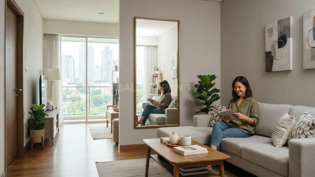 Cermin feng shui memperluas ruang tamu kecil, menciptakan ilusi lapang dengan posisi pemasangan tepat. (BTV/AI)
