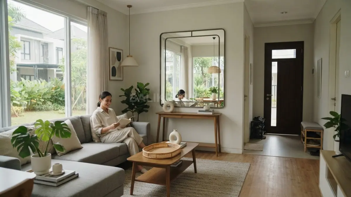 Cermin feng shui memperluas visual ruang tamu kecil saat dipasang pada posisi yang tepat. (BTV/AI)
