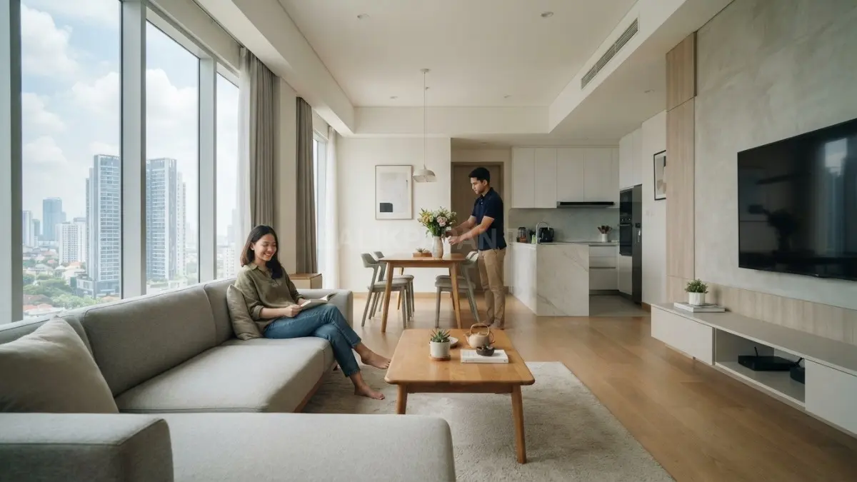 Cermin interior ruang tamu menciptakan ilusi ruangan lebih luas dengan penempatan tepat sesuai feng shui. (BTV/AI)