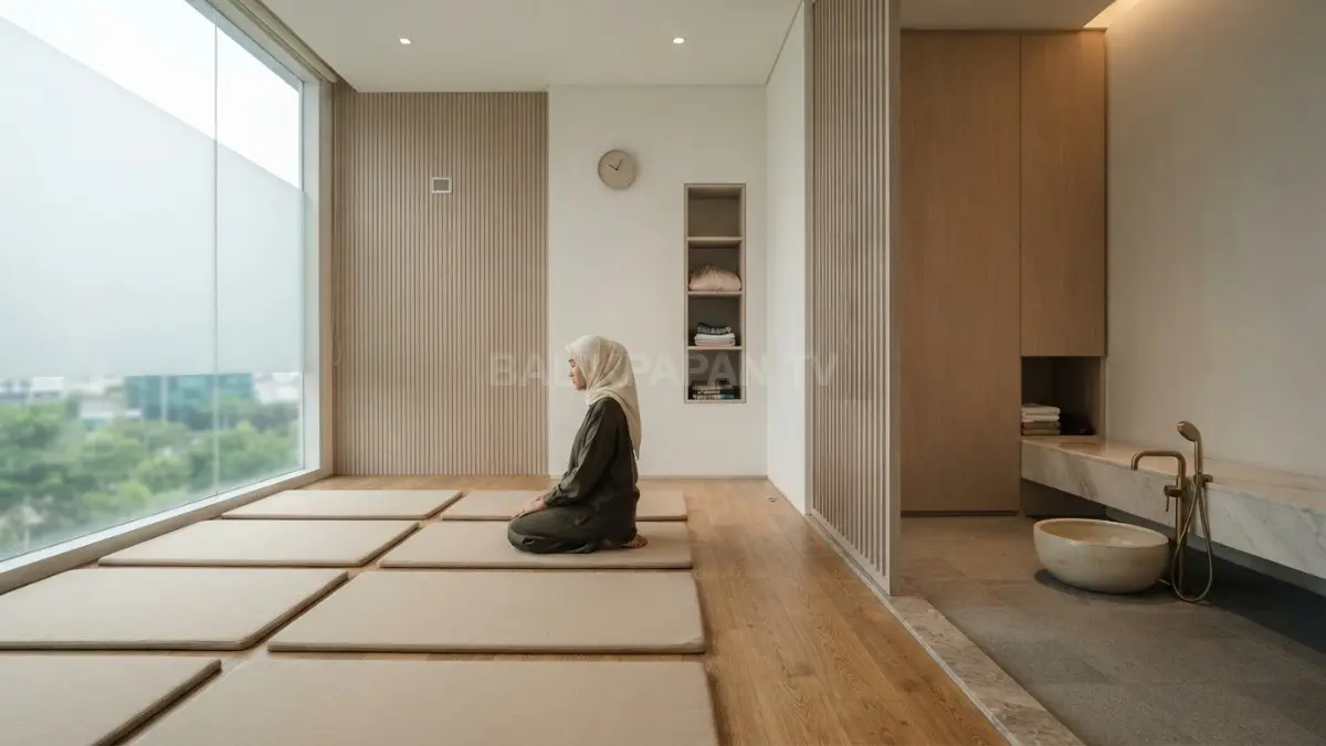 Desain Japandi ruang sholat menghadirkan ketenangan melalui warna netral, furnitur sederhana, dan rak ibadah tersembunyi (BTV/AI)
