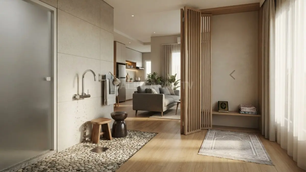 Desain rumah multifungsi hadirkan ruang ibadah nyaman dengan sekat lipat, cocok untuk hunian berukuran terbatas. (BTV/AI)
