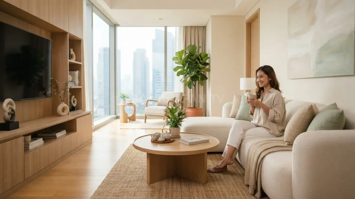 Dominasi warna netral menciptakan ruang harmonis, menenangkan pikiran, serta mengurangi kelelahan visual di rumah. (BTV/AI)

